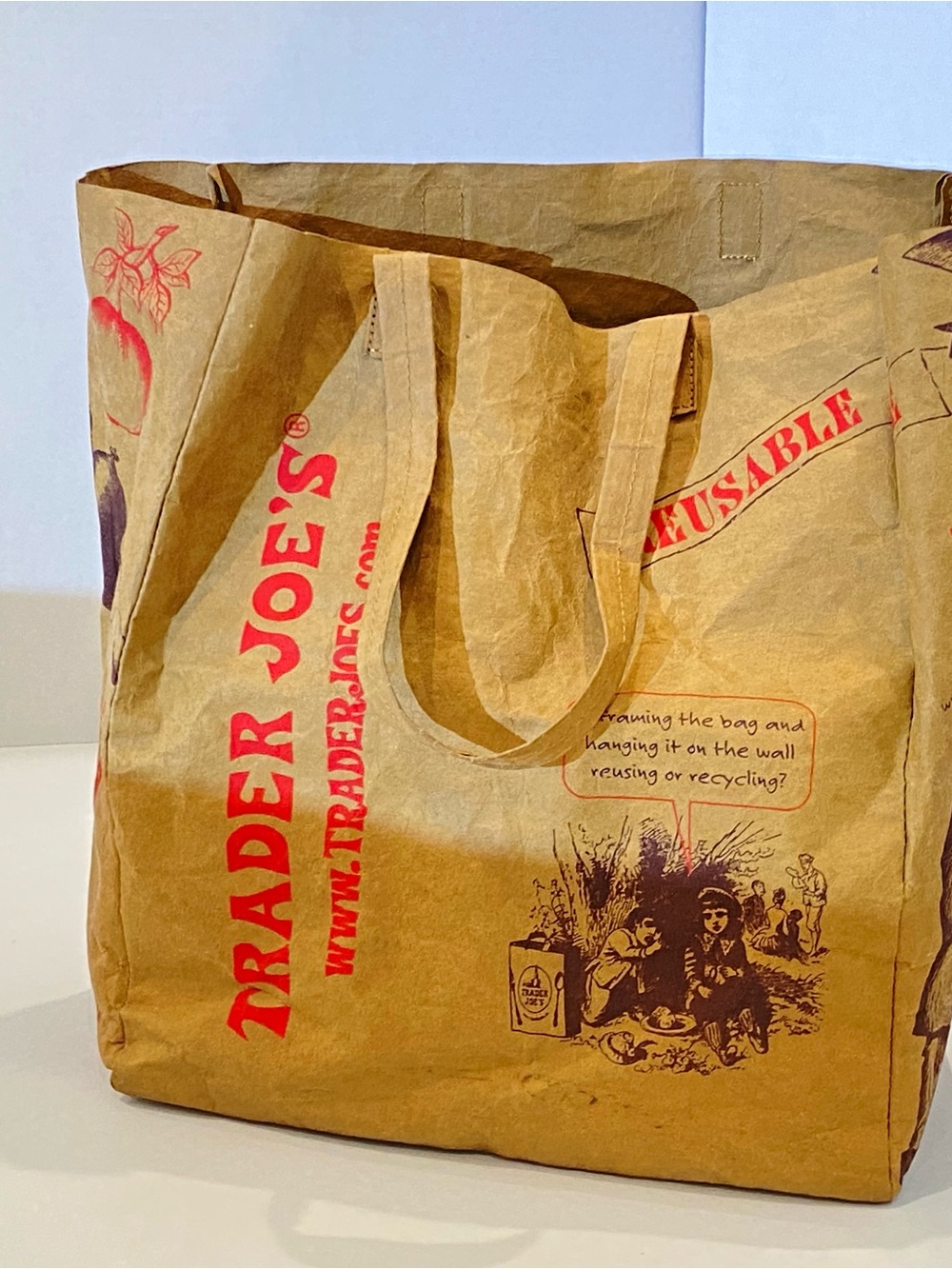 Trader Joe's Brown Paper Tote Bag with Red Print - Picture 3 of 3